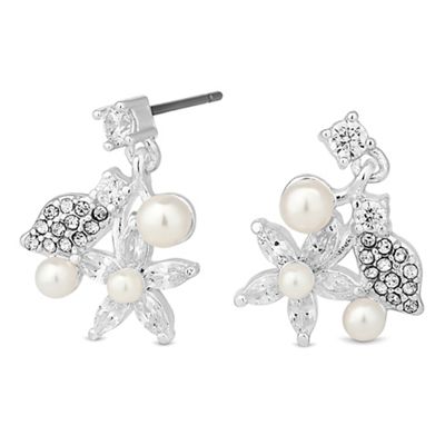 Silver pearl and crystal floral drop earring
